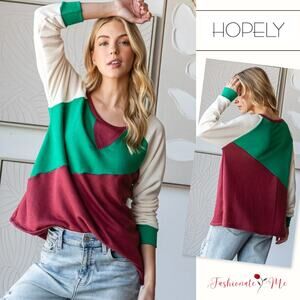 HOPELY Long Sleeves Bold Asymmetrical Color Block Crew Neck Top | Green/Burgundy